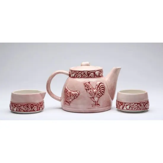 Ceramic Rooster Teapot with Sugar and Creamer Set, Farmhouse Kitchen Decor, Gift for Her {3}