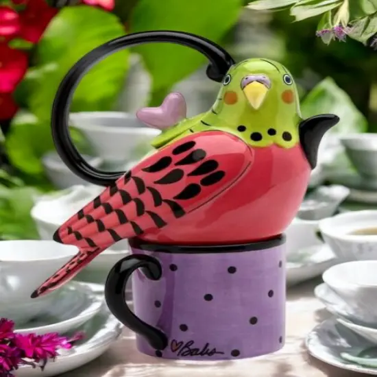 Ceramic Pink Parakeet Bird Tea for One, Afternoon Tea Party, Bird Watcher Gift, Gift for Her {1}
