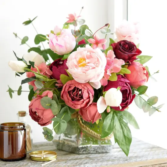 2 Artificial Peonies Silk Flowers and Hydrangeas - Country Barn Red {3}