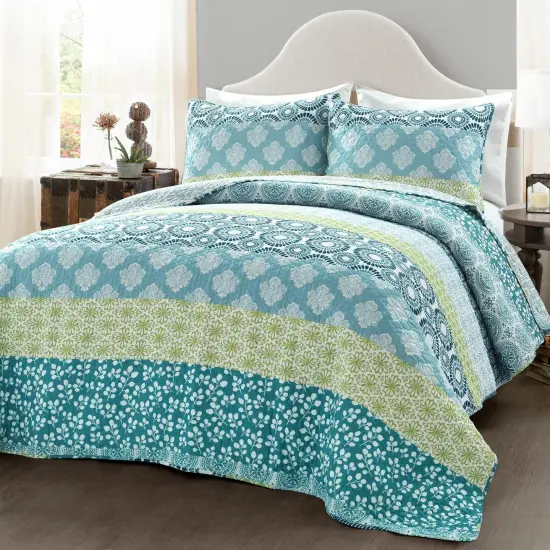 Cotton 3 Piece Reversible Blue White Green Floral Damask Quilt Set {1}