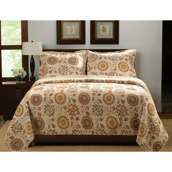 Multi Color Cotton Retro Floral Moon Medallion Reversible Quilt Set {1}
