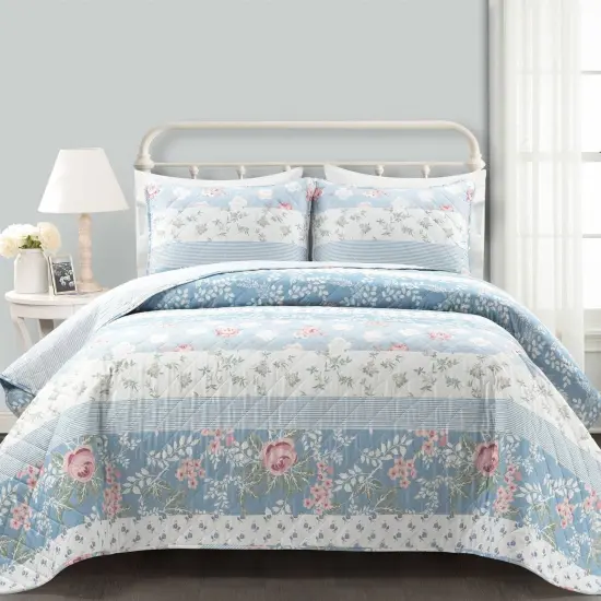 Lightweight Reversible Floral and Striped Quilt Set Polyester Bedding {1}