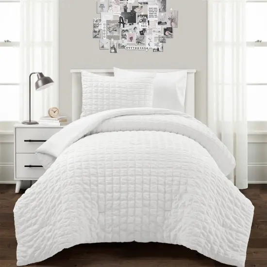 Twin/XL Size Microfiber Crinkled Texture 2 Piece Comforter Set White {1}