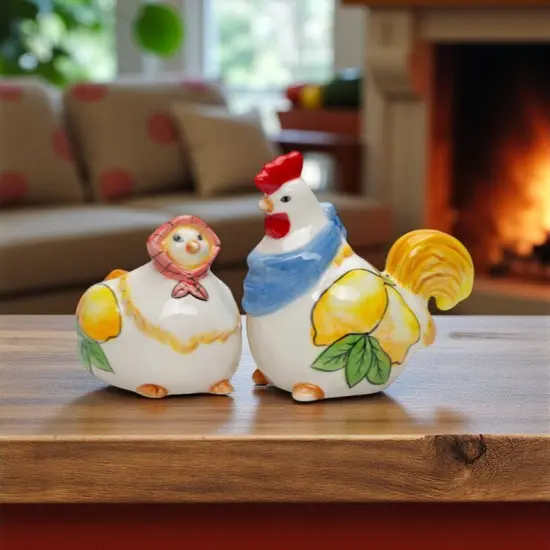 Ceramic Tuscany Rooster & Hen Salt and Pepper Shakers with Lemon Theme, Farmhouse Kitchen Decor, Gift for Her {1}