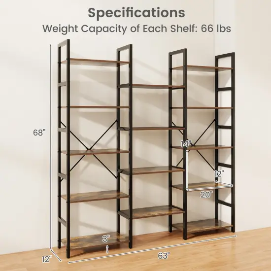 Rustic Brown 5-Tier Triple Wide Heavy-Duty Metal Frame Bookshelf with Adjustable Foot Pads {5}