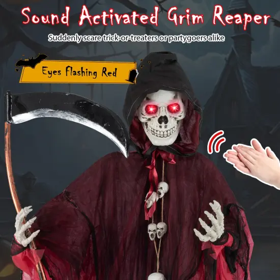 8 Feet Sound Activated Grim Reaper Halloween Prop with Lighted Eyes and Scary Sounds for Yard Decor {6}
