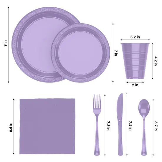 Exquisite 182 Pcs Plastic Plates for Party &ndash; Disposable Plates Set &ndash; 26 Each of 9" Dinner Plates, 7" Dessert Plates, Plastic Cups, Napkins & Plastic Cutlery &ndash; Plastic Dinnerware by Party Solids Lavender {2}