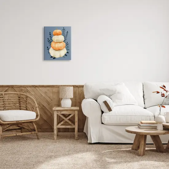 Stacked Fall Pumpkins Botanical Leaves Blue BackgroundCanvas Art {2}