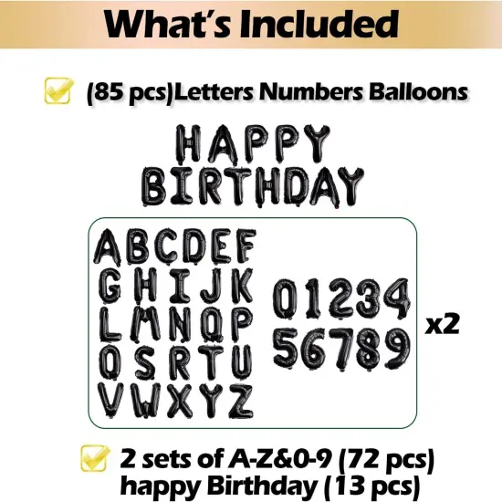 [85 PCS] 16" Black Letter Number Balloons {2}
