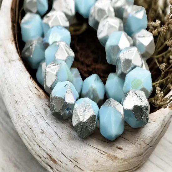 *15* 10mm Silver Washed Baby Blue Antique Cut Round Beads {5}