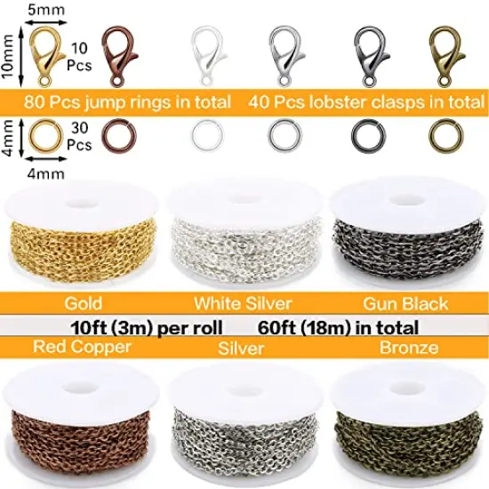 Chains Jewelry Making Supplies, 60ft Cable Link Chains for Making Jewelry Necklace Earring Bracelet Findings DIY Craft Kit for Adults, 6-Color 2mm Gold Silver Copper Plated Metal Link Rolls Bulk {1}