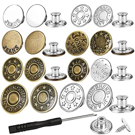 32 Sets Jeans Buttons Replacement, 17 mm and 20mm No-Sew Removable Metal Buttons Replacement Repair Combo Thread Rivets and Screwdrivers in Storage Box, Women and Men's Jeans Clothing Supplies {1}