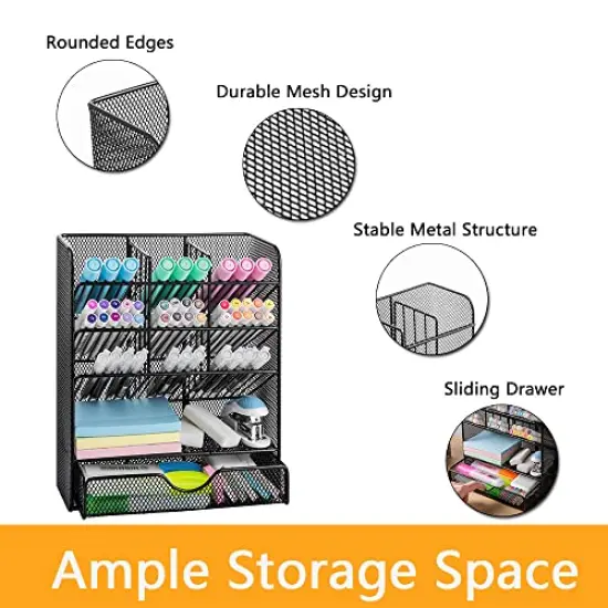 Metal Pen Organizer, Pencil Holder for Desk, Desk Organizer with Drawer for School, Home, Art Supplies (Black) {6}