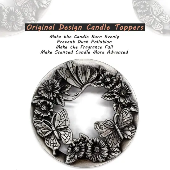 Scented Candle Toppers Cover Jars Lids Shades Sleeves, Candle Accessories Gifts for Women, Help Burn Melt Evenly(Butterfly Silver) {2}