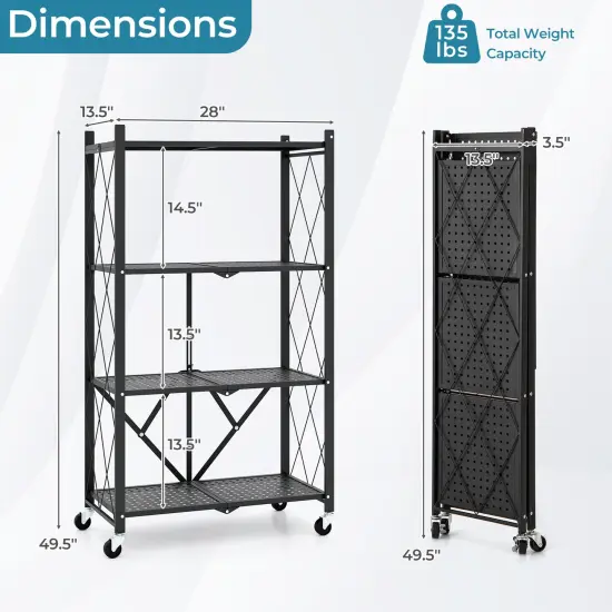 4-Tier Black Fold-able Storage Shelf Collapsible Storage Rack with Lockable Wheels {5}