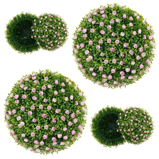 2 Pieces 17.5 Inch Topiary Balls Artificial Plant with Pink Flowers {4}