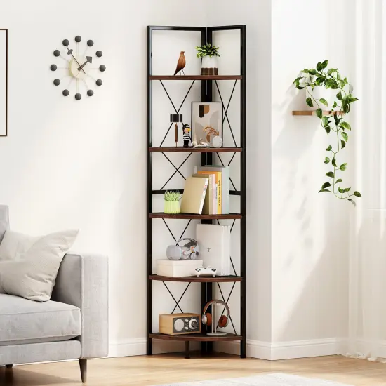 63 Inch Tall 5-Tier Freestanding Corner Storage Shelf with Heavy Duty Metal Frame and X-Shaped Brackets {2}