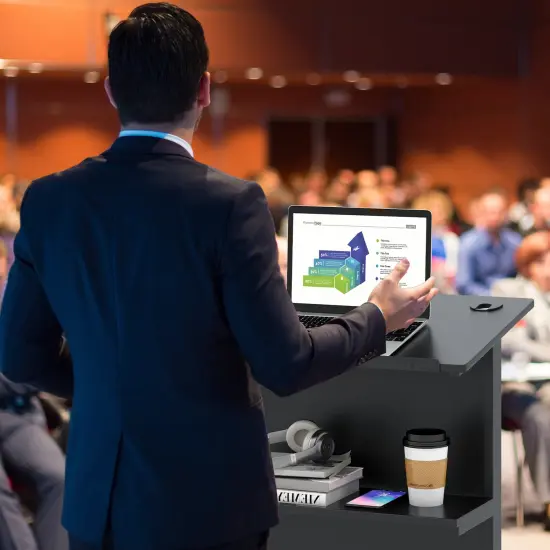 3-Position Black Height Adjustable Lectern Table with Tilted Tabletop and Built-In Cable Hole {3}