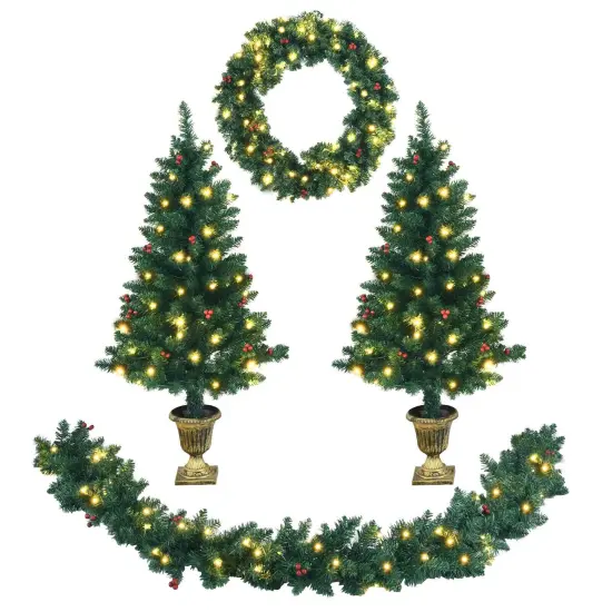 4 Feet Battery Operated Pre-Lit Christmas Tree Set with 24" Wreath and 9 Fete Garland 200 LED Lights {1}