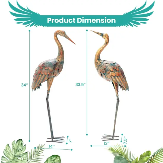 Set of 2 Crane Garden Statues Standing Metal Crane Sculptures Bird {4}