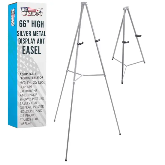 66" High Gallery Silver Metal Display Easel - Large Adjustable Height Portable Easel Stand, Sign Display, Holds 25 lbs - Floor & Tabletop Easels, Painting Stand {1}