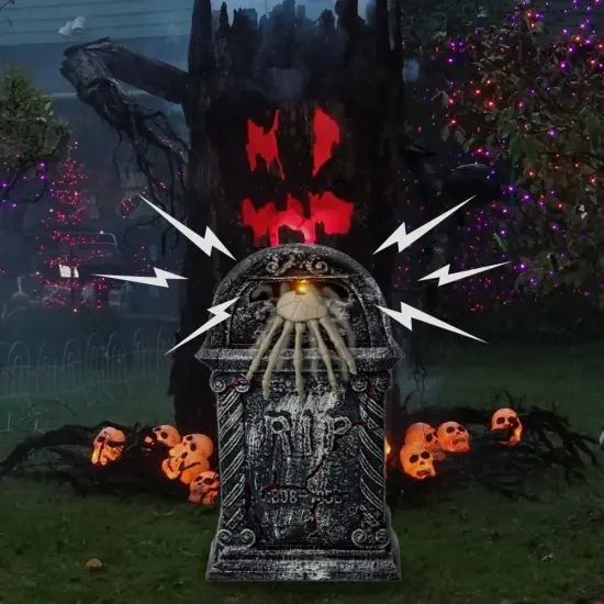 Lighted Gravestone with Creepy Voice Spooky Skeleton Retractable Light Up Arm {4}