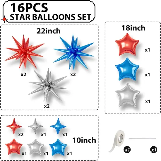 Red Blue Silver Star Balloons, 16 Pcs 22/18/10 Inch Star Foil Mylar Balloons, Explosion Cone Star-Shape Four-Pointed Balloon for Kids Boy Birthday Graduation Wedding Baby Shower Hero Party Decoration {2}