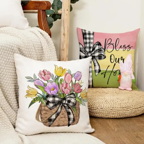 Spring Summer Throw Pillow Covers 18x18 Inch Set of 4, Floral Tulips Striped Bow Home Sweet Bless Our Farmhouse Decorative for Decoration G510-18 {2}