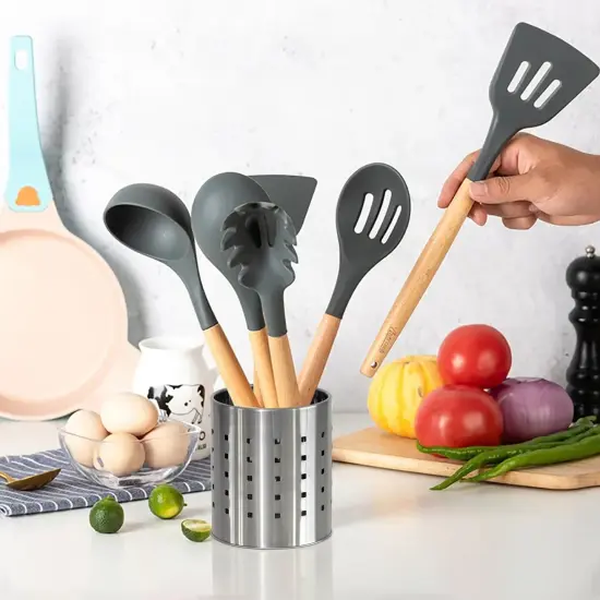 Basicwise Round Metal Utensil Holder Countertop Organizer with Drain Holes for Cooking Spoons, Spatulas, Cutlery, and Silverware Stylish Storage Solution for Kitchen Counter, Silver {2}