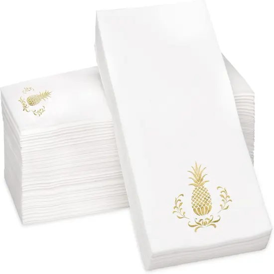 Pineapple Gold Foil Stamped Airlaid Paper Dinner Napkins, 1/6 Fold 12"x17" Disposable Guest Hand Towels - Absorbent, Linen-Like, Weddings, Receptions, Parties, Bathroom (Gold, 100 Count) {1}
