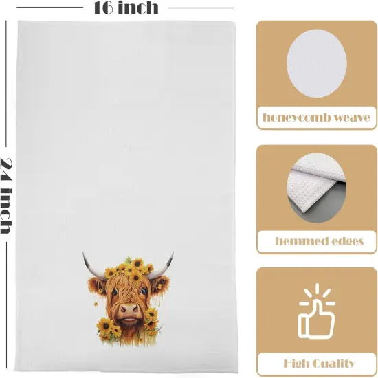 Sunflower Highland Cow Waffle Weave Kitchen Towels (16x24) - Summer Highland Cow Hand Towels for Bathroom {5}