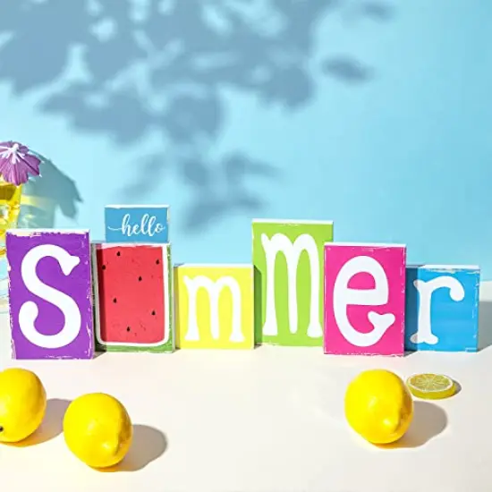 7 Pieces Summer Table Decorations Summer Wooden Sign Decorations for Home Rustic Wood Block Sign Tiered Tray Decor for Kitchen Shelf Home Farmhouse Seasonal Decor(Rustic Style) {1}