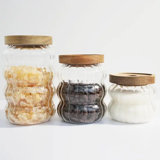 Glass Jar with Wood Lid - Cute Decorative Canisters for Nut, Coffee, Sugar Storage - Set of 3 Sizes: Clear (12oz, 20oz, 27oz) - Perfect for Kitchen Storage & Gifts {1}