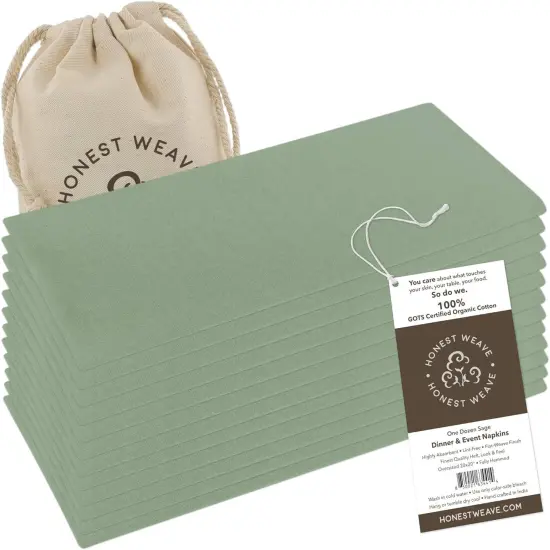 Organic Cotton Washable Cloth Napkins Sets for Everyday Dining, Dinner Parties, Weddings | Oversized 20x20 inches, Fully Hemmed, in Designer Colors, 12-Pack, Sage {1}