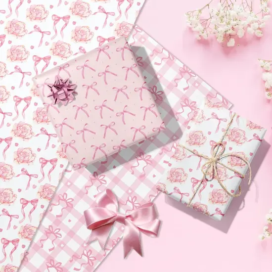 12 Sheets Pink Bow Wrapping Paper, Pink Floral Plaid Heart Bow Gift Wrap Paper I Love You Folded Flat Craft Paper for Valentine Wedding Baby Shower Supplies, 19.7 x 27.6 Inch {4}