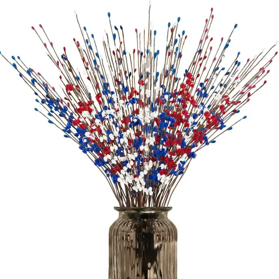 120 Pcs Artificial Jasmine Flowers Stems with Blue White Red Berry for Patriotic Decorations, 21.6" Long Stem Jasmine Faux Flowers for 4th of July Home Independence Day Decor {1}