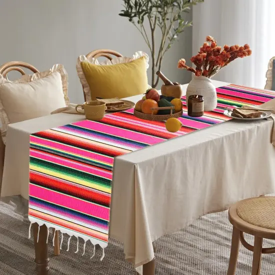 Mexican Table Runner, Mexican Fiesta Party Decorations 14"x84" Fiesta Table Runner Cinco De Mayo Party Decorations Boho Colorful Striped Runner Cotton Blanket Mexican Theme Home Party Decor, Hot Pink {4}