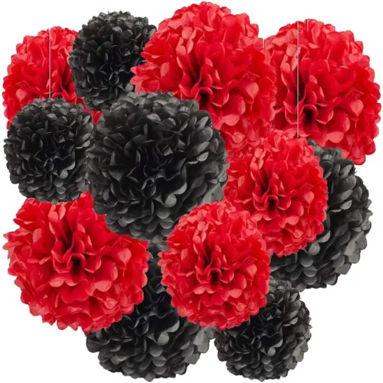 12pcs Black and Red Hanging Tissue Paper Pom Poms Decorations for Party Ceiling Wall Tissue Flowers Decorations - 2 Colors of 12 Inch, 10 Inch {1}