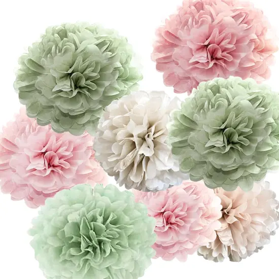 Tissue Paper Pom Poms Kit Decor -Rose Pink and Sage Green Paper Flowers 12pieces for Gender Baby Shower Wedding Bridal Bachelorette Birthday Party Decorations (Green + Pink) {1}