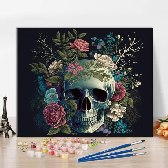 Skull Paint by Numbers, Beautiful Flowers Paint by Numbers, Skull with Flowers Painting Kit with Brushes and Pigment, DIY Oil Painting Kit for Wall Decor, 16x20 Inch {1}