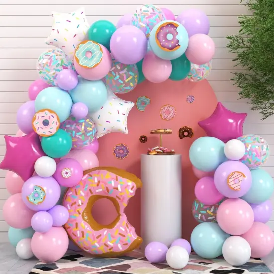 100 PCS Donut Balloons Garland Pastel Decoration Kits Sprinkles Confetti Doughnut Backdrop Cutouts Kids Birthday Party Balloons Arch Photo Props Favor Ideas Supplies {1}