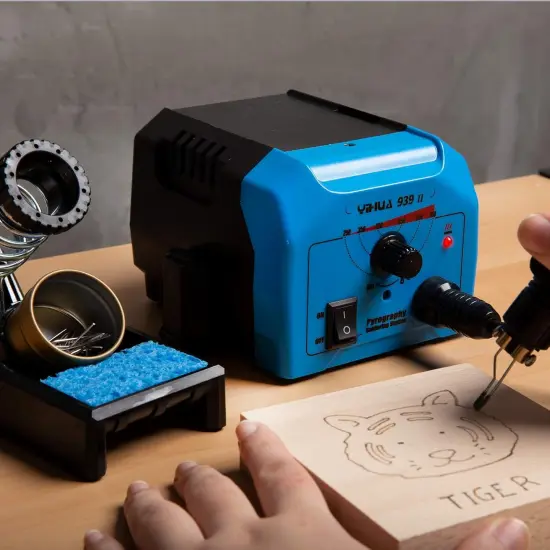 939-II Wood Burning Kit Station Pyrography Pen 250~750℃/482~1382℉ Temperature Adjustable with 20 Wire Nibs, 1 Stable Pen Holder, 2 Stencils, 2 Scrap Wood, 1 S/S Tweezers, and 1 Pliers (Blue) {5}