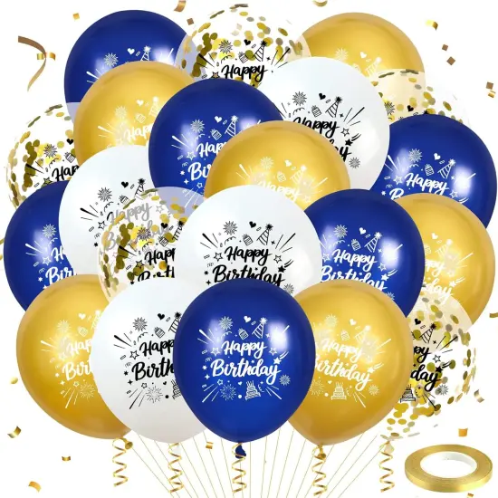 Blue Gold Confetti Birthday Balloons 24Pcs Navy Blue White Gold Happy Birthday Latex Balloons Blue Gold Birthday Party Decorations {1}