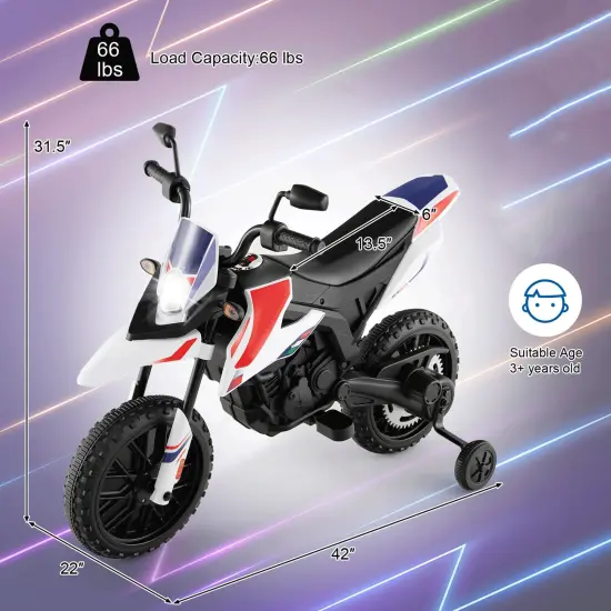 Metal 12V Kids Motorcycle with Dual Motors, Music and Training Wheels White {4}