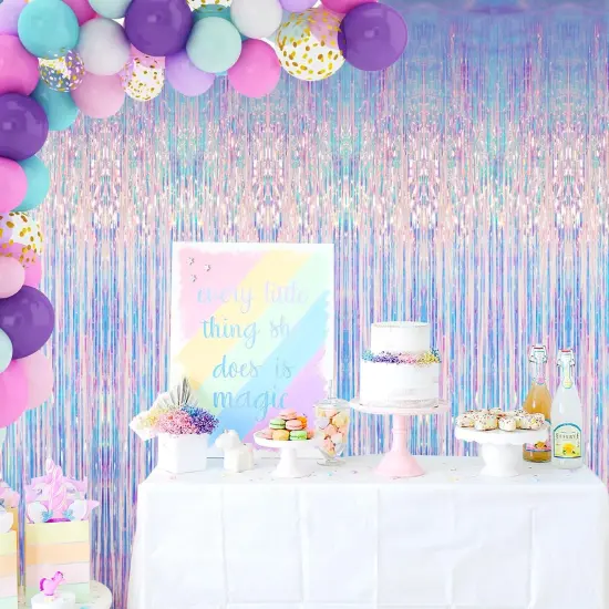 6.4 ft x 6.5 ft Metallic Tinsel Foil Fringe Curtains,Pack of 2 Party Streamer Backdrop for Mermaid Birthday Party Decorations(Neon Blue) {3}