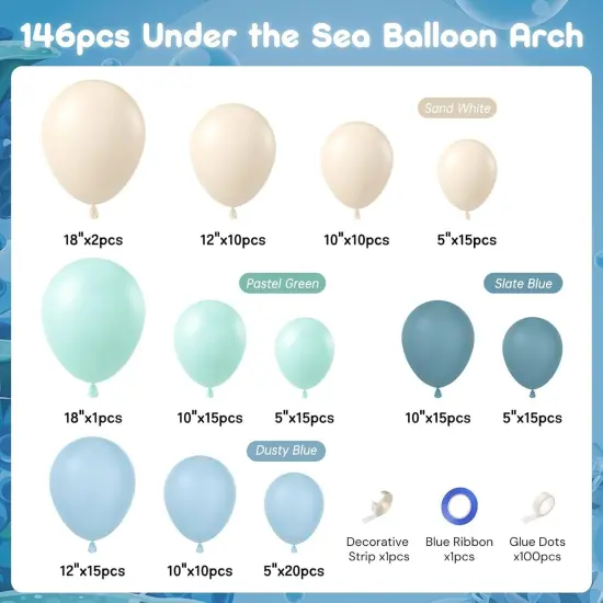 147pcs Under the Sea Balloons Garland Arch Kit with Dusty Slate Blue Pastel Green Sand White Latex Balloons for Ocean Themed Under the Sea Baby Shower Birthday Party Decorations {2}