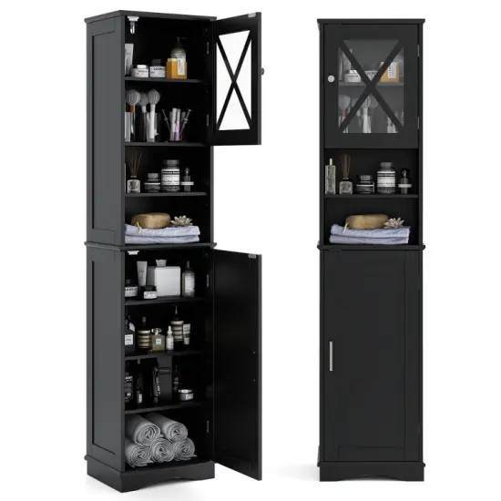 67 Inch Tall Freestanding Bathroom Storage Cabinet with 5 Adjustable Shelves and 2 Open Compartments Black {3}