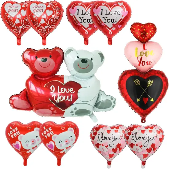 Balloons I Love You Balloons Mylar Red Heart Love-Bear Foil Valentine for Valentines Day Decorations Anniversary Wedding - Pack of 10 {1}