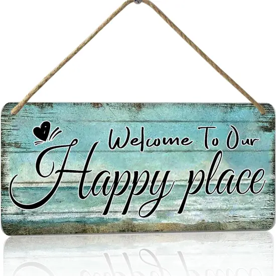 Welcome To Our Happy Place Sign Personalized Front Door Signs For Home Decor Wooden Hanging Sign Beach Signs Patio Wall Decor Summer Wood Porch Sign House Welcome Door Sign 6x12 Inch {1}