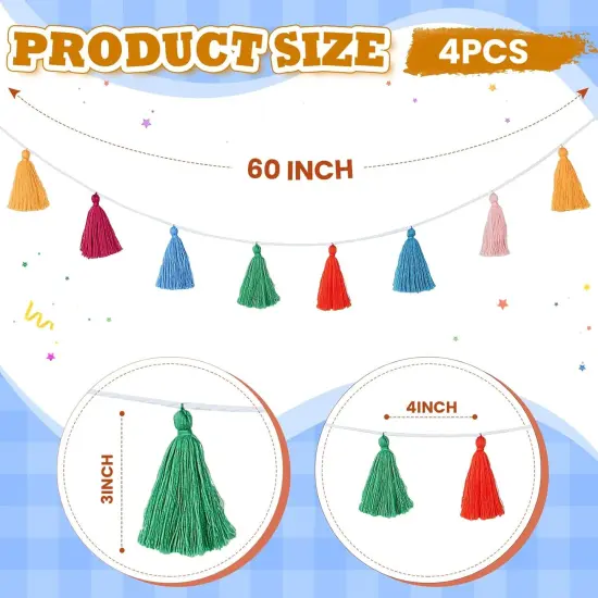 4 Pcs Rainbow Tassel Garland Boho Colorful Garland Banner Decor Wall Hanging for Home Classroom Decoration Wedding Birthday Baby Shower Party Supplies, Pre Assembled(Tassel in 3.1 Inches) {2}